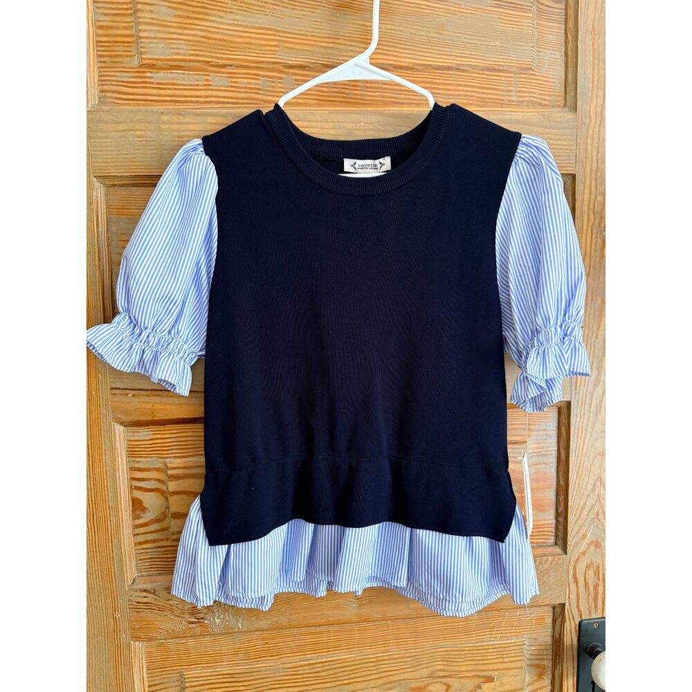 Nanette Lepore Navy Striped Puff Sleeve Peplum Top M NWT